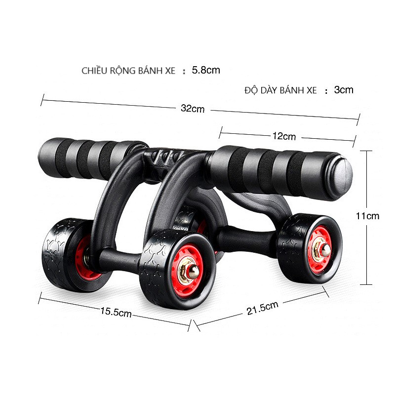 Con lăn tập bụng 4 bánh đa năng tặng miếng lót đầu gối cao cấp