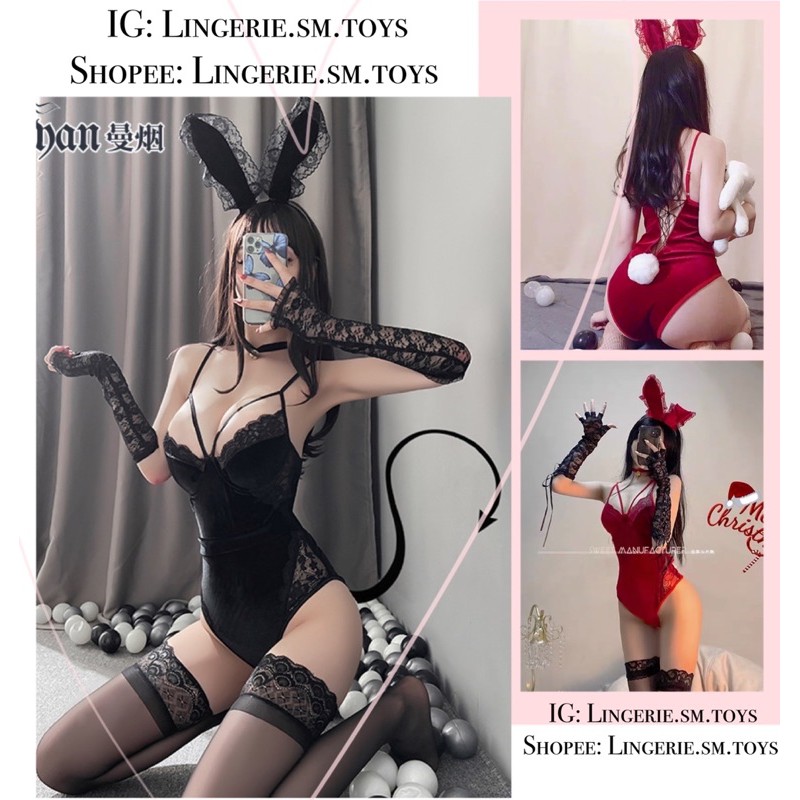 Cosplay nàng thỏ, bodysuit dây khoét ngực đen/đỏ LL2375 / COSPLAY THỎ NHUNG