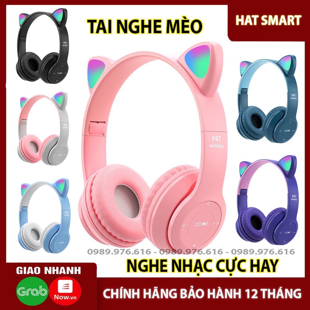 Tai Nghe Mèo Bluetooth P47M, Tai Mèo Dễ Thương Có Mic, Âm Bass Mạnh Mẽ Nghe Nhạc Cực Hay [Bảo Hành 12 Tháng]