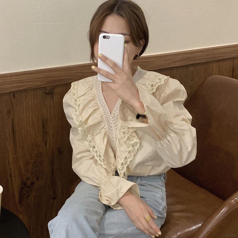 Áo Sơ Mi Tay Dài Phối Ren Xinh Xắn Thời Trang Dành Cho Nữ