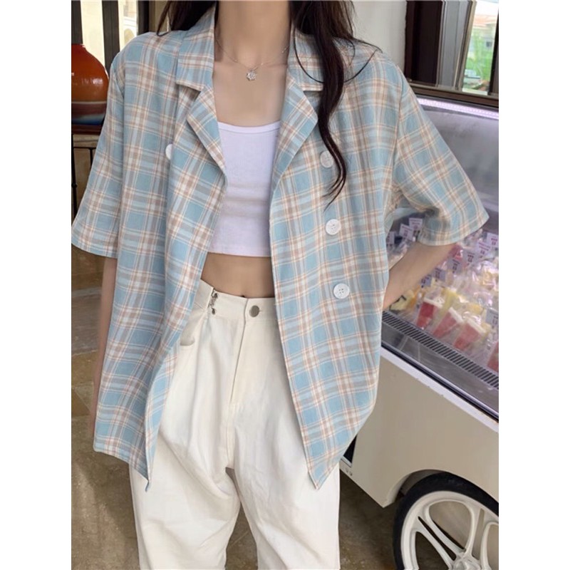 [ODER ]Áo Blazer ngắn tay kẻ caro phong cách thời trang ulzzang | BigBuy360 - bigbuy360.vn