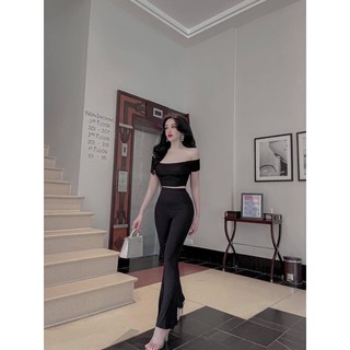 set áo trễ vai + quần ống loe