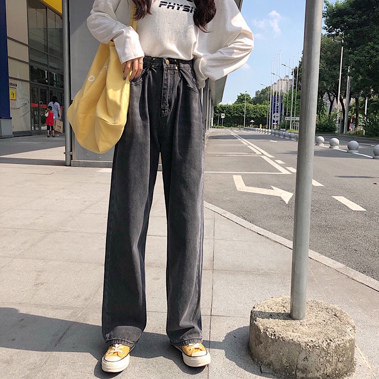 Quần denim ống suông rộng lưng cao trẻ trung năng động