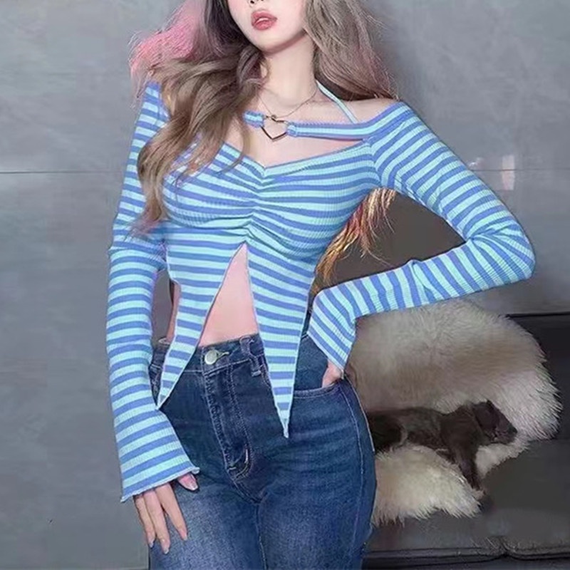 SUXI Áo Dệt Kim Trễ Vai Hoạ Tiết Kẻ Sọc Thiết Kế Lệch Tà Quyến Rũ