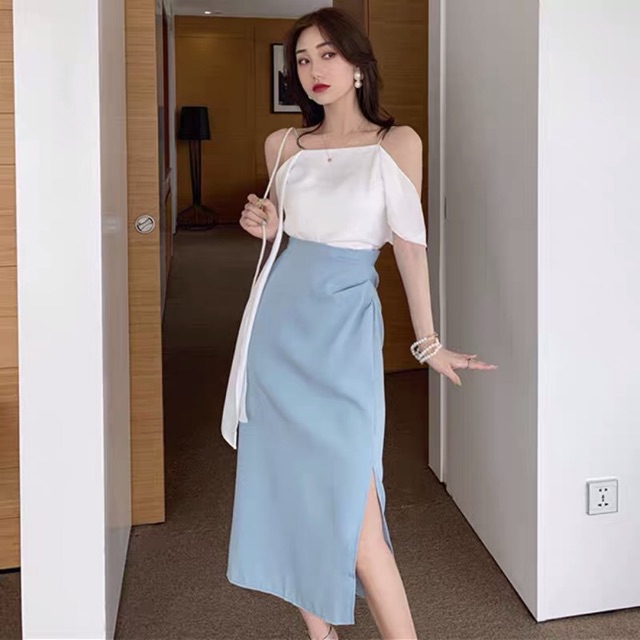 Sét áo dây+ chân váy xanh nhún eo phong cách tiệc tùng mùa hè tưoi mới