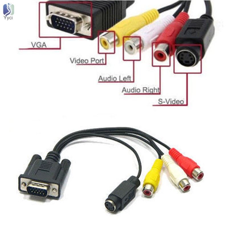 Yy VGA SVGA to S-Video 3 RCA AV TV Out Cable Adapter Converter for PC Computer Laptop @VN