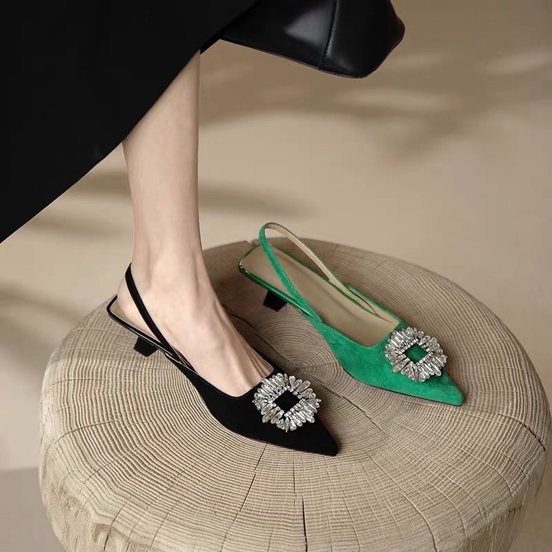 (HÀNG CÓ SẴN) Sandal da lộn gót nhọn 3,5cm đính đá BIG SIZE 41-43
