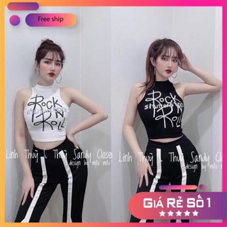 [Hàng Quảng Châu] Áo Ba Lỗ Cổ Cao Croptop Thun Gân 4 Chiều In Chữ