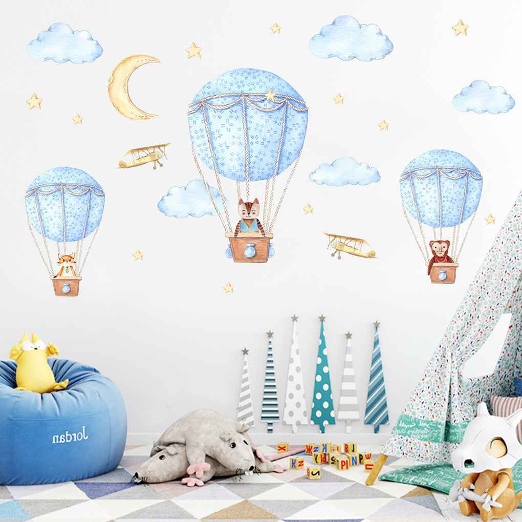Giấy dán tường 60x90CM hình khí cầu và động vật thiết kế độc đáo xinh xắn