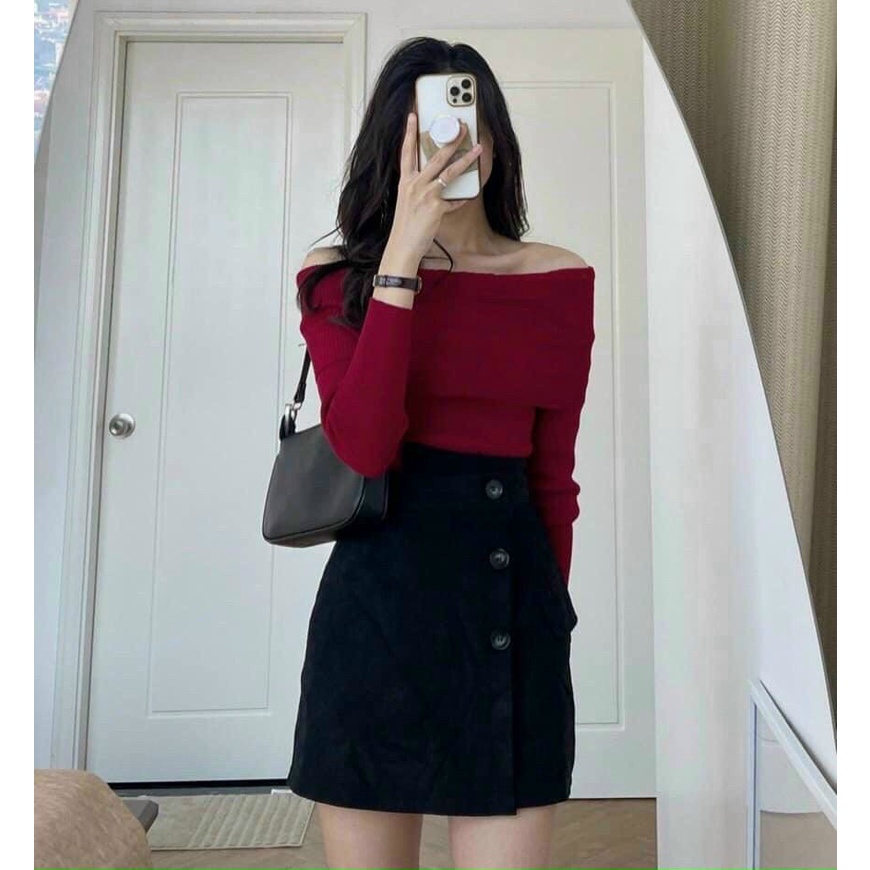 Áo Thun Hàn Quốc Trễ Vai Cổ Xếp Tay Dài Đáng Yêu  TTSA1488