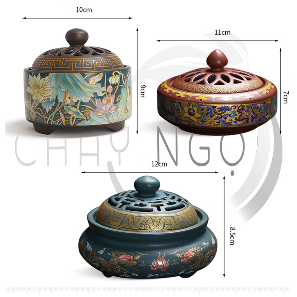 Lư Xông Trầm Hương Đỉnh đốt nhang bằng gốm sứ cao cấp có hoa văn chạm khắc