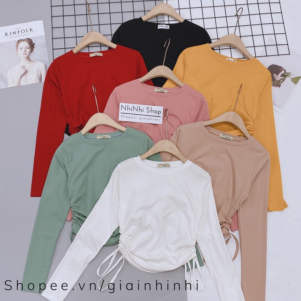 Áo thun kiểu rúm 2 bên cổ tròn dáng ôm, Áo kiểu rút dây 2 bên dài tay CS1155 - NhiNhi Shop