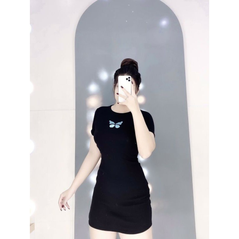 Đầm body tay ngắn thêu nhún sườn (thun loại 1)