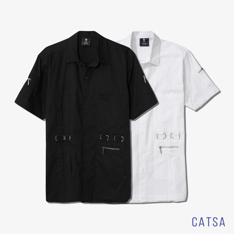 Áo sơ mi nam tay ngắn màu trắng phối móc khóa độc đáo, thấm hút mồ hôi, thoáng mát CATSA ASN166 - ASN167