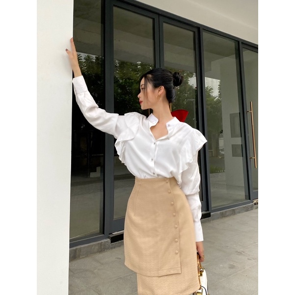 VELLE DESIGN áo sơ mi Erina bèo vai chất linen Mỹ dày dặn sang trọng kiểu dáng thanh lịch