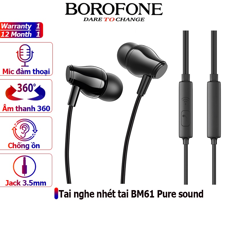 Tai nghe nhét tai BOROFONE BM61 chống ồn có mic đàm thoại, dây dài 1.2m - Chính hãng