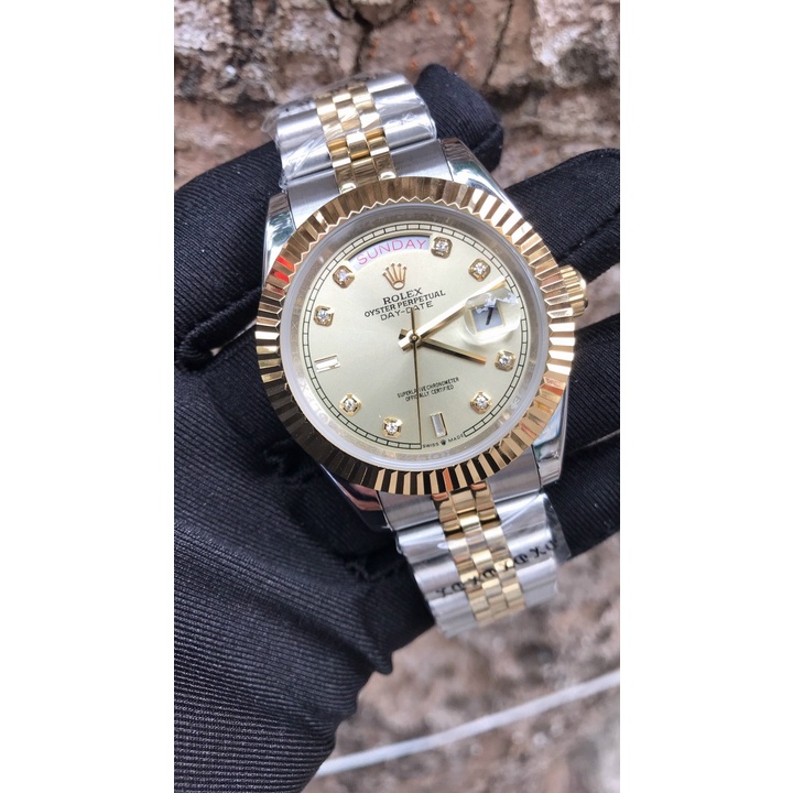 Đồng hồ nam Rolex mặt tròn đính viền băm máy cơ automatic dây kim loại cao cấp