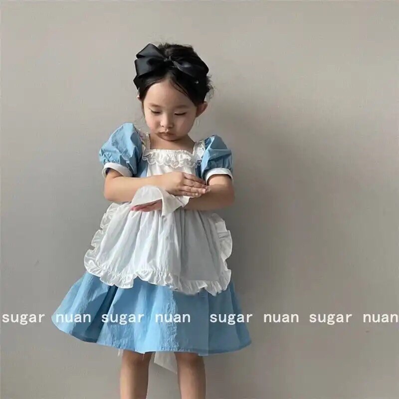 Váy đầm lolita công chúa xanh trắng mùa hè cộc tay tạp dề trắng siêu dễ thương cho bé gái.
