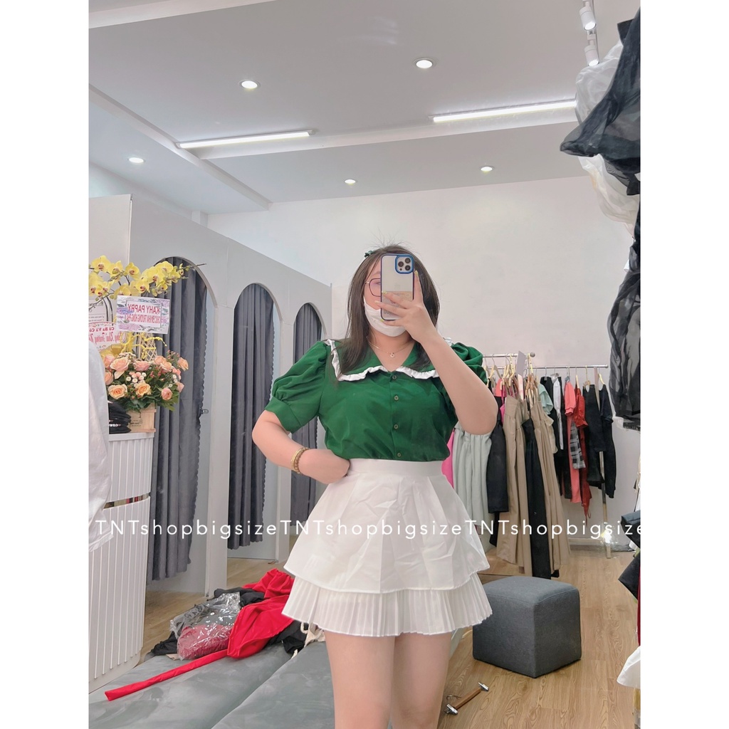 ÁO XANH LÁ TAY BÚP VIỀN BÈO TRẮNG [TNTSHOP BIGSIZE 60KG 90KG]