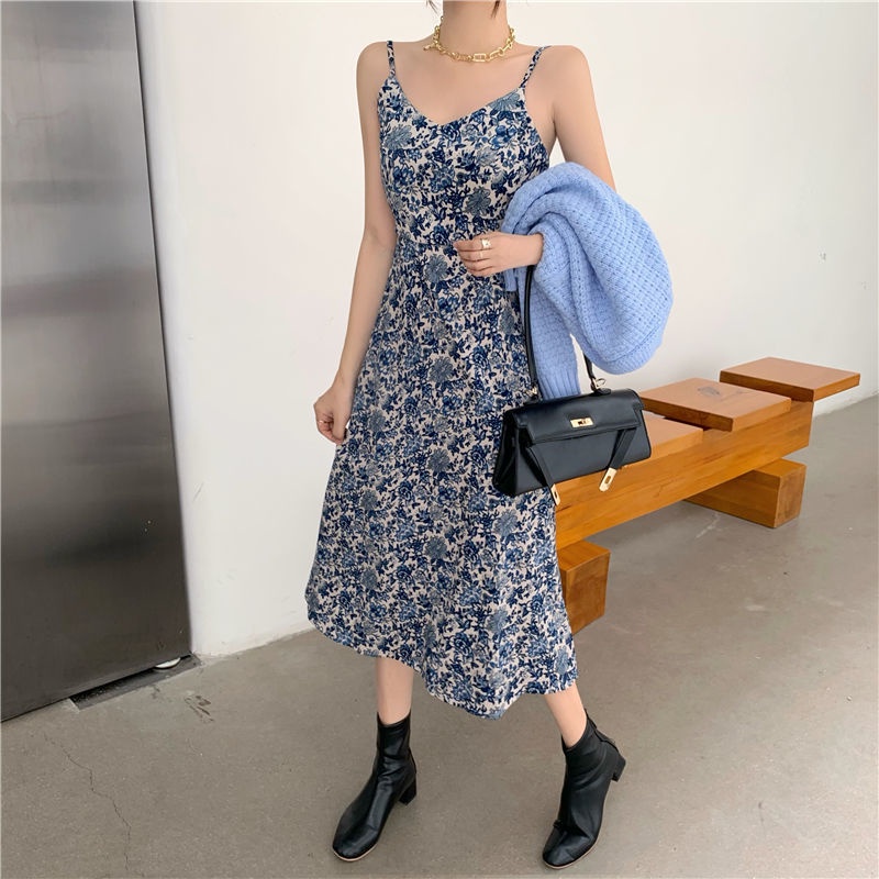 Đầm Dài Hai Dây Dáng Ôm In Hoa Kiểu Retro Pháp Dễ Thương Cho Bạn Gái