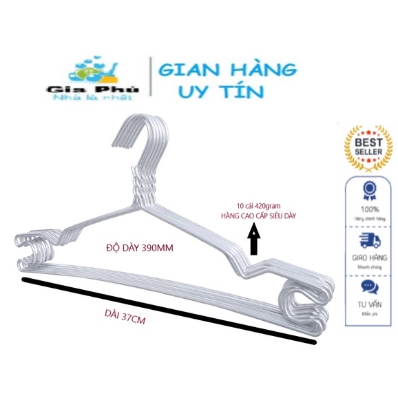 ( HÀNG SIÊU DÀY ) Bộ 10 móc quần áo HỢP KIM NHÔM CAO CẤP 420gram Gia Phú