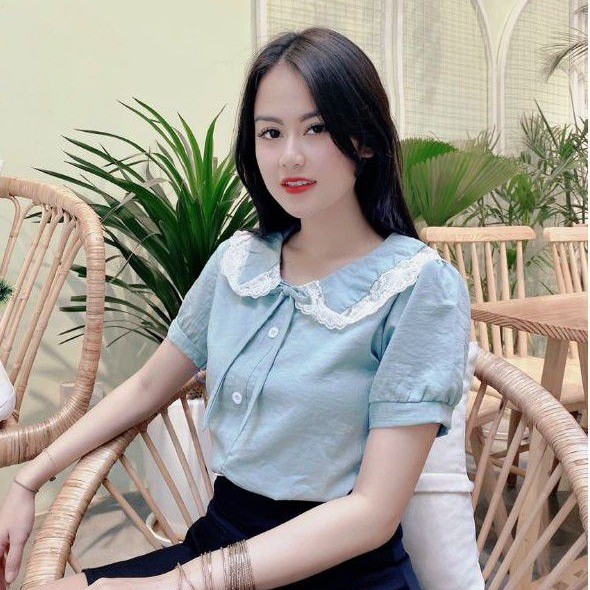 Áo Kiểu Chất Đũi Ngắn Tay - Khuy Cài Cổ Bèo Phối REN V30
