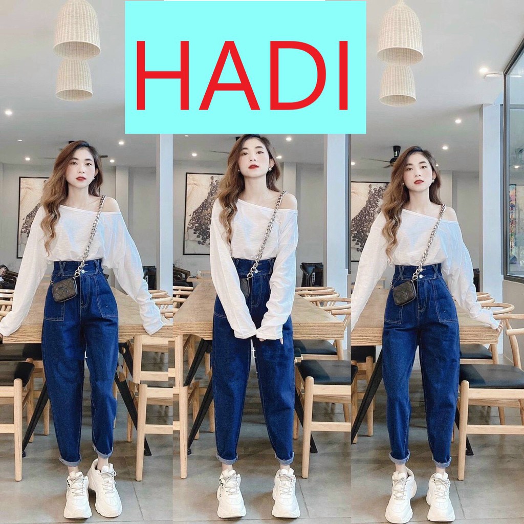 [ THƯỚT THA ] QUẦN BAGGY JEAN NỮ LƯNG CAO 2 TÚI ĐĨA CHÉO MÀU XANH ĐẬM CỰC PHONG CÁCH HADI THẤY LÀ GHIỀN MÀ CÒN ĐỦ SIZE