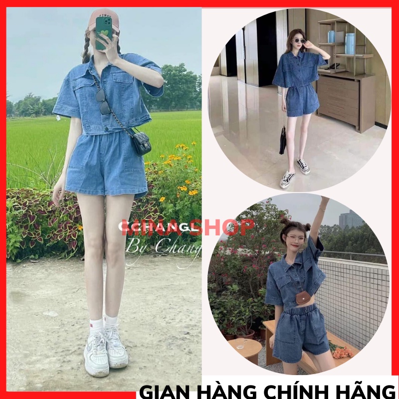 Sét áo bò croptop kèm quần short cạp chun 🍀 mi jean ngắn tay lỡ 2 màu xanh đậm nhạt phong cách ulzzang hàn quốc