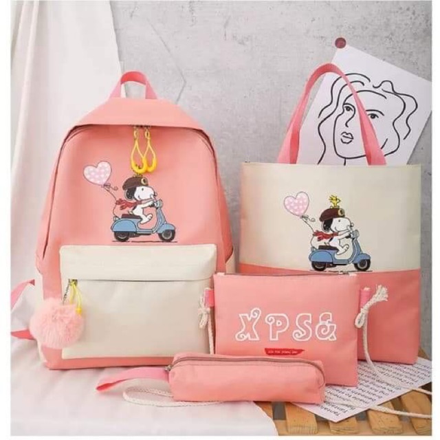Balo Bộ 4 Món Chú Chó Và Xe Máy Cực Cute ( Size To) Đi Học