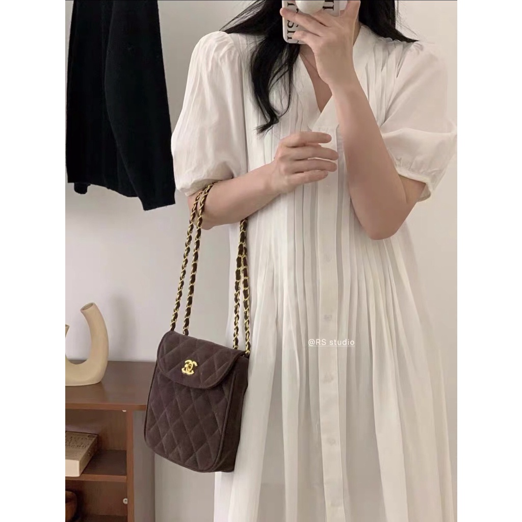 Đầm - Váy sơ mi xếp ly dọc chiết eo cổ V tay bồng dáng dài