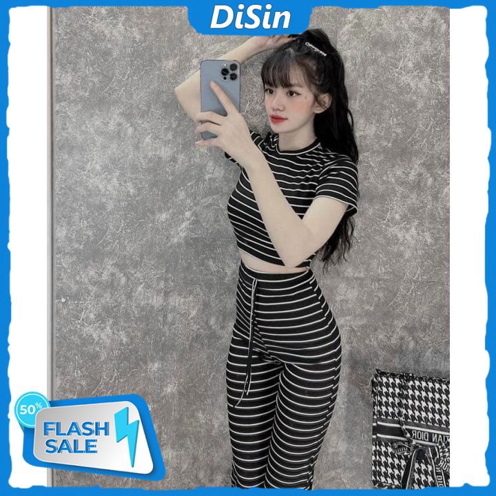 Set Bộ Ở Nhà Áo Ngắn Cổ Tròn Kèm Quần Quần Dài Kiểu Ống Loa Chất Vải Thun Co Giãn 4 Chiều Mẫu Sọc Ngang