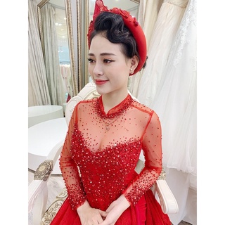 Áo dài hỏi cưới ren đỏ trắng