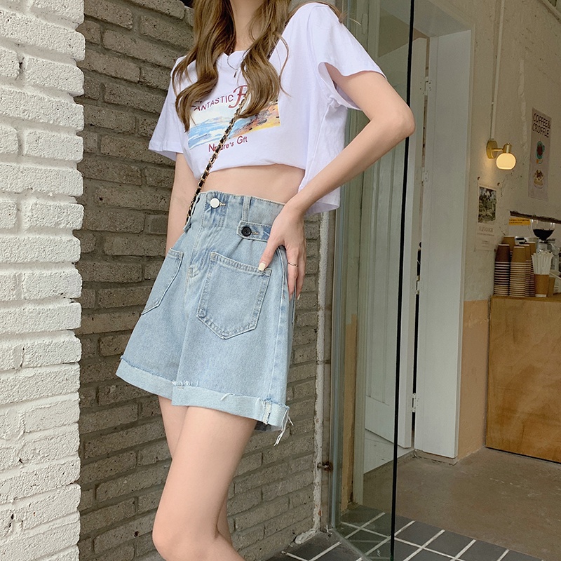 Quần Short Denim Lưng Cao Phong Cách Hàn Quốc Thời Trang Mùa Hè Cho Nữ