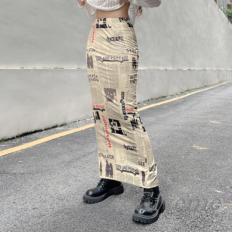 Chân Váy Dài Tới Mắt Cá Chân In Họa Tiết Tờ Báo Lưng Cao Co Giãn Thời Trang Đường Phố Cho Nữ