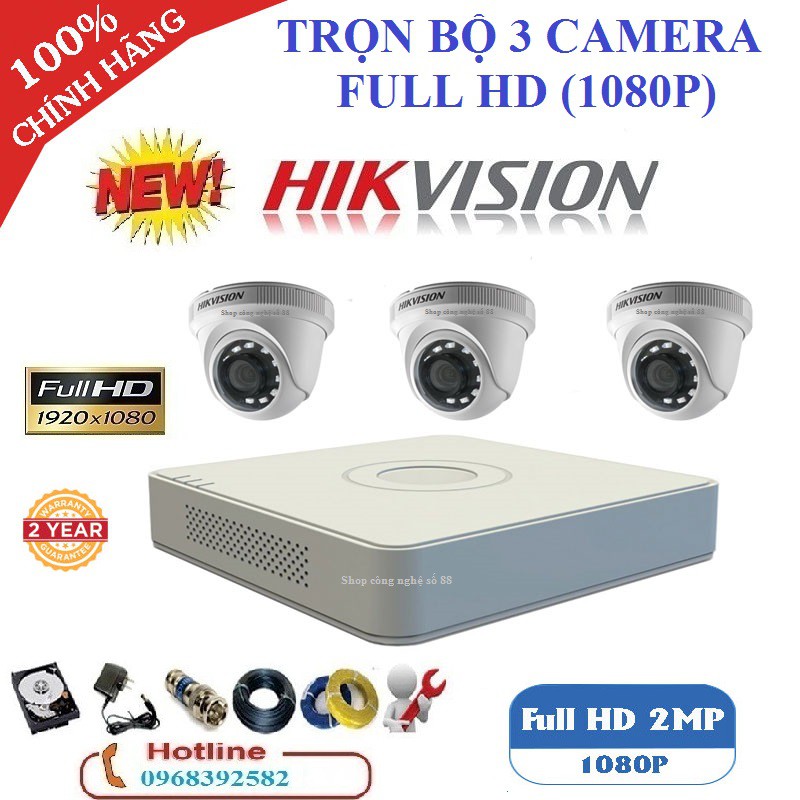 Trọn bộ 3 camera Hikvision 2mp + Đầy đủ phụ kiện tự lắp đặt tại nhà được