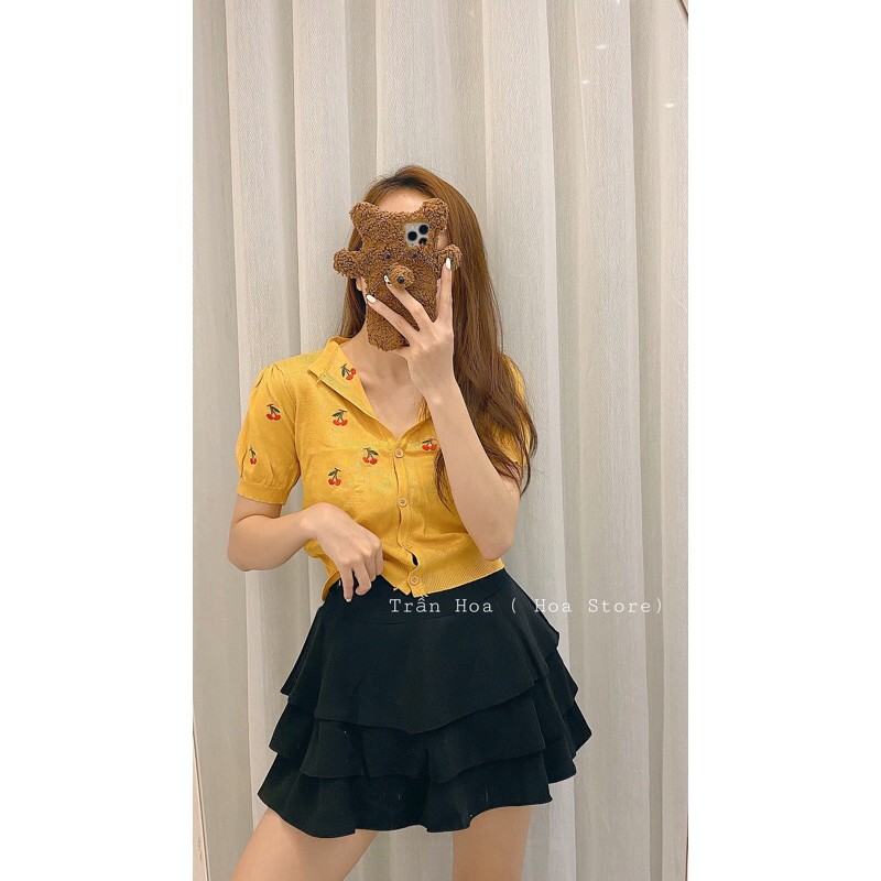 [Mã FASHIONT4WA2 giảm 10K đơn 50K] Áo len mông cộc tay cổ V quả cherry (thêu) (1501#) | BigBuy360 - bigbuy360.vn