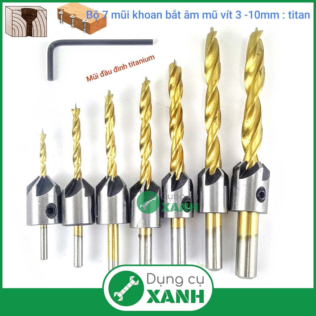 Bộ 7 mũi khoan gỗ đầu đinh bắt âm mũ vít phủ titanium