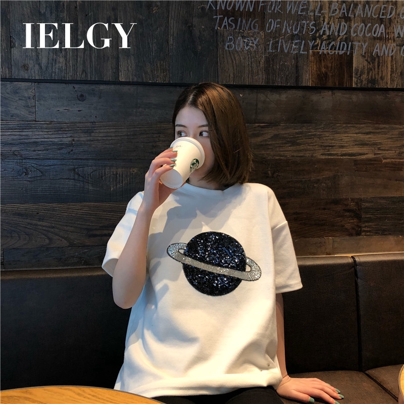 IELGY    Áo Thun Tay Ngắn Dáng Rộng Phong Cách Hong Kong Thời Trang Cho Nữ