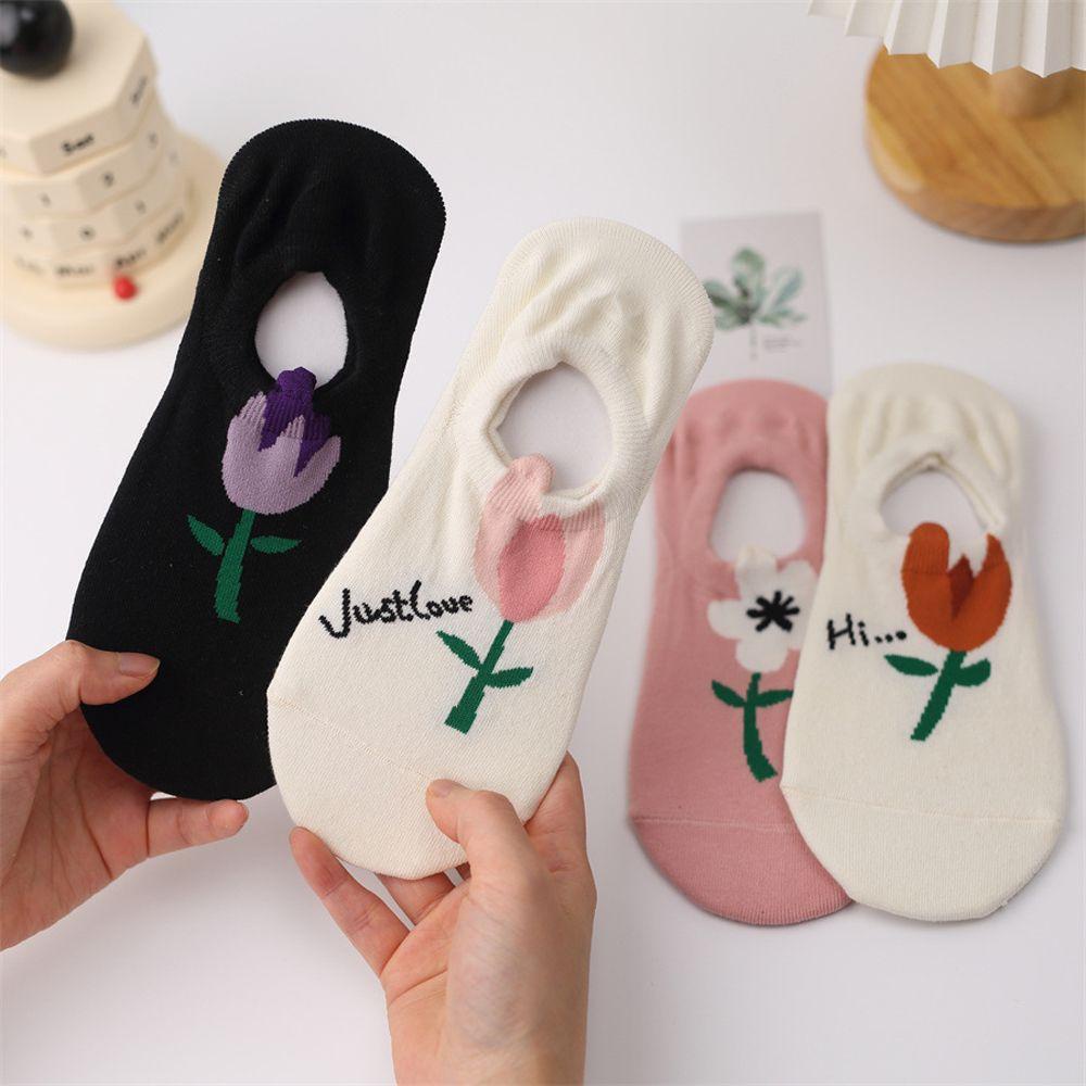 BACK2LIFE Đôi Tất Cotton Trang Trí Hoa Tulip Thời Trang Cho Nữ