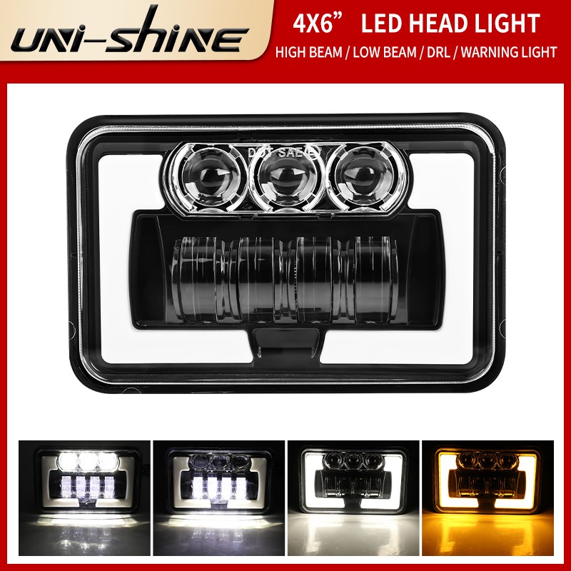 UNI-SHINE Đèn pha LED 4x6 inch DRL Hi / Lo Black Sealed Beam cho lắp ráp ô tô xe máy với DRL màu kép