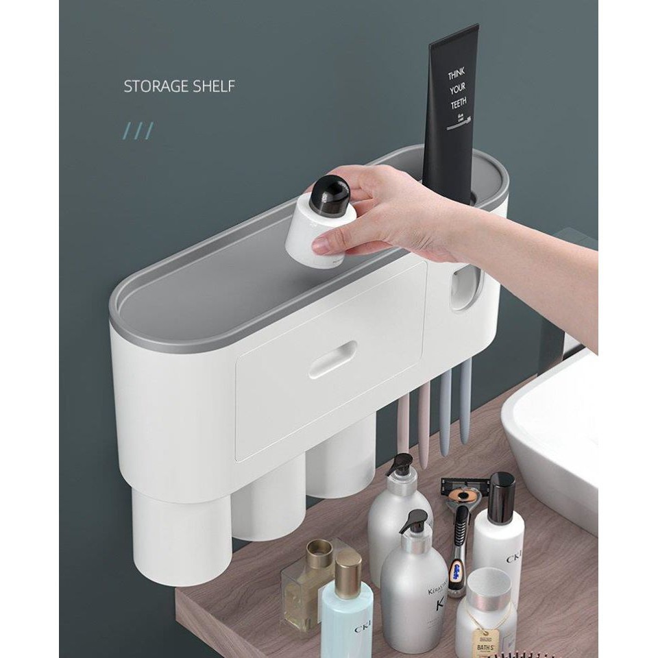 Bộ Nhả Kem Đánh Răng Tự Động OENON 2 cốc, Kệ để đồ phòng tắm đa năng lắp đặt dính tường kèm cốc từ tính