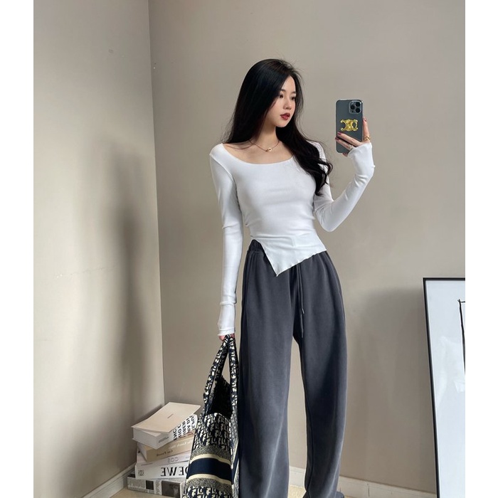 Áo croptop dài tay nữ xẻ vạt Wikishop màu đen trắng ghi freesize form ôm sexy thun co giãn phong cách hàn quốc C497