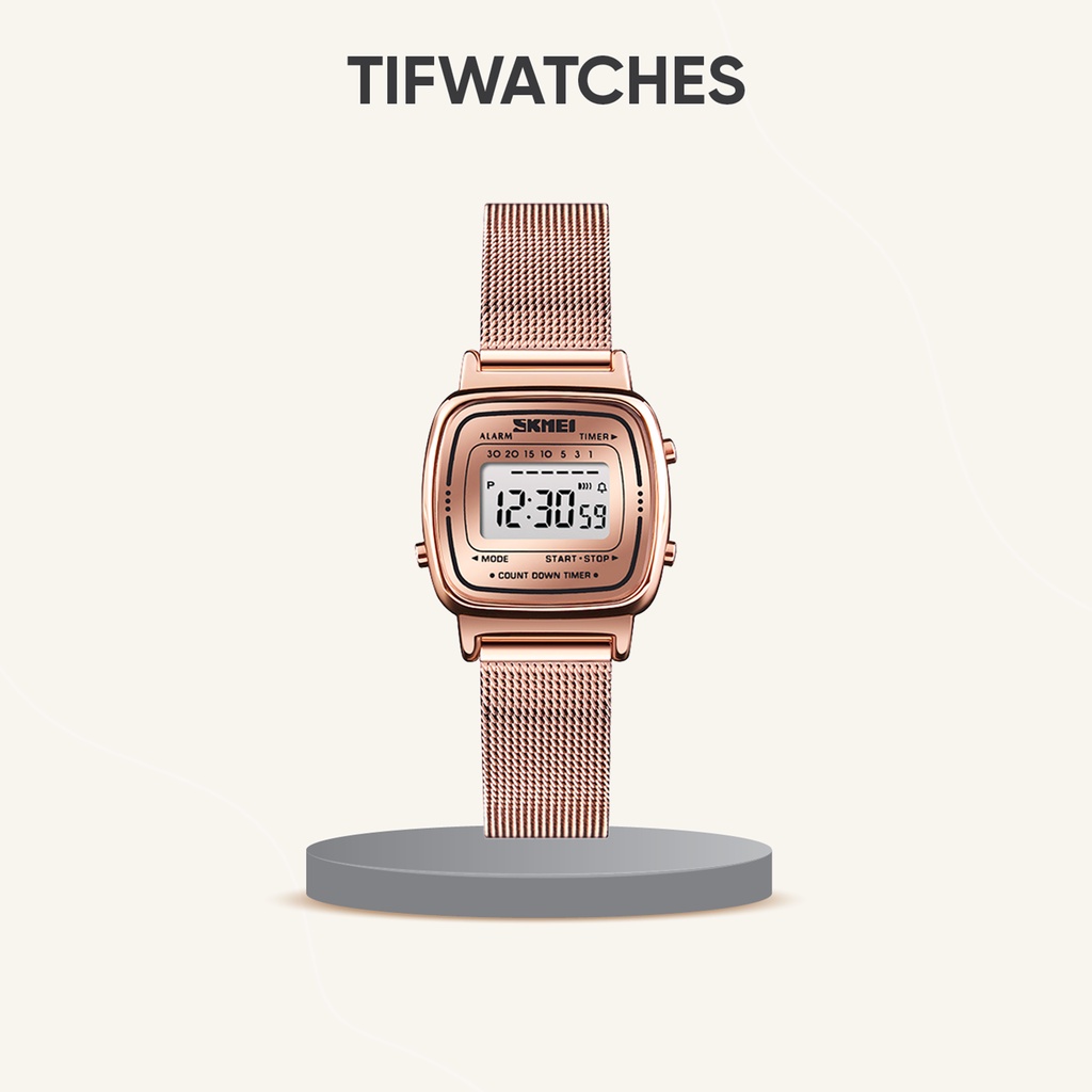 Đồng hồ nữ điện tử mặt nhỏ SKMEI MESH rose gold đồng hồ thời trang cá tính Watchesbytif size 22mm kèm báo thức bấm giờ