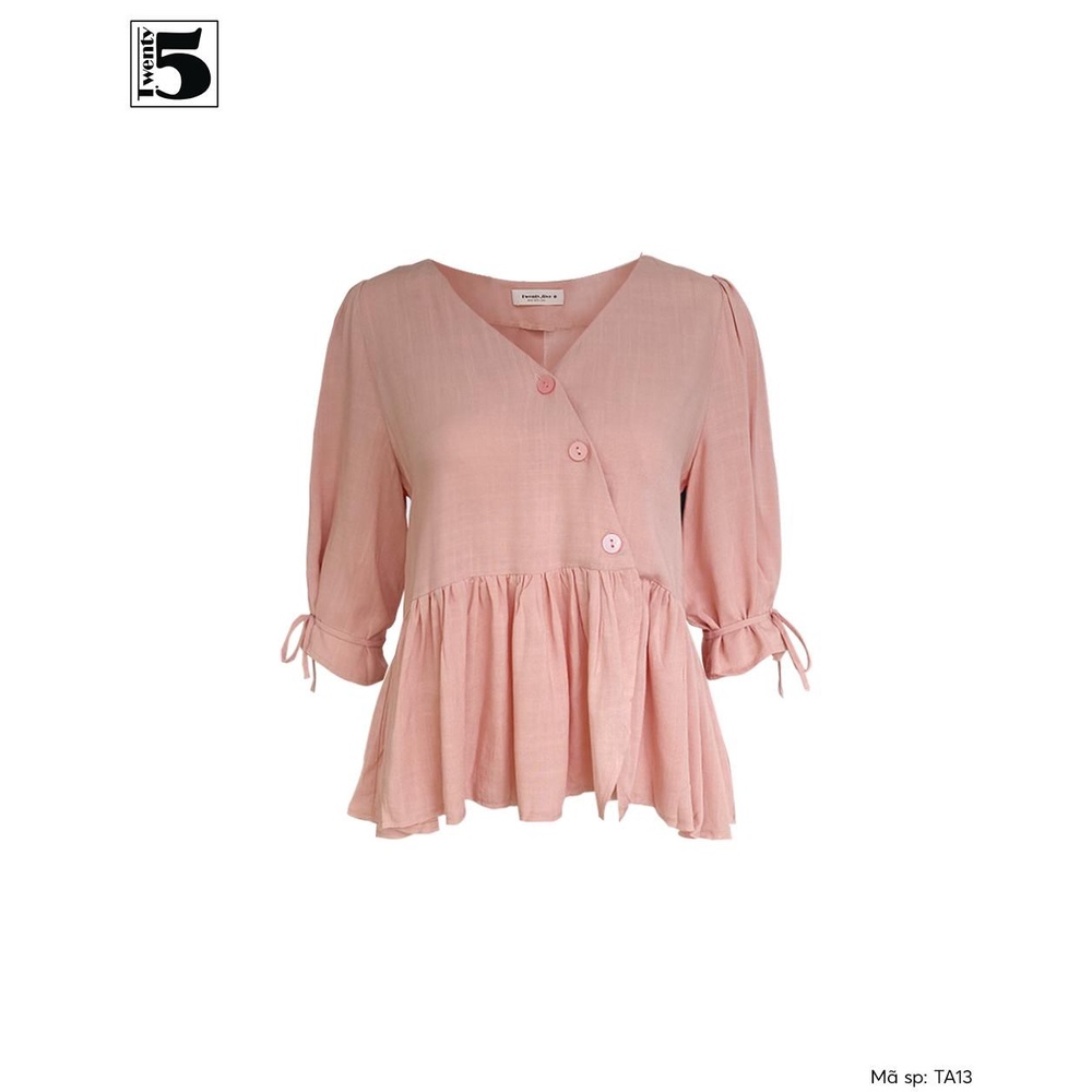 Áo sơ mi nữ Twentyfive babydoll cổ V dáng lửng vạt chéo thắt nơ cổ tay TA13