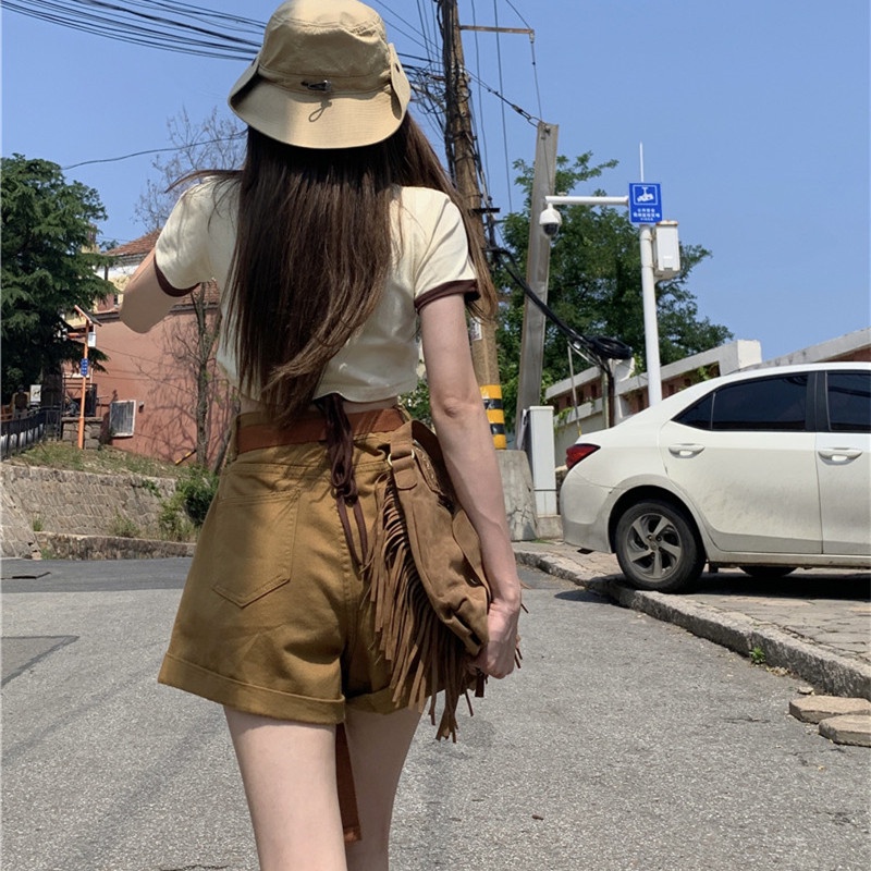 Quần Short Denim Lưng Cao Ống Rộng Phối Thắt Lưng Cá Tính Thời Trang Dành Cho Mùa Hè