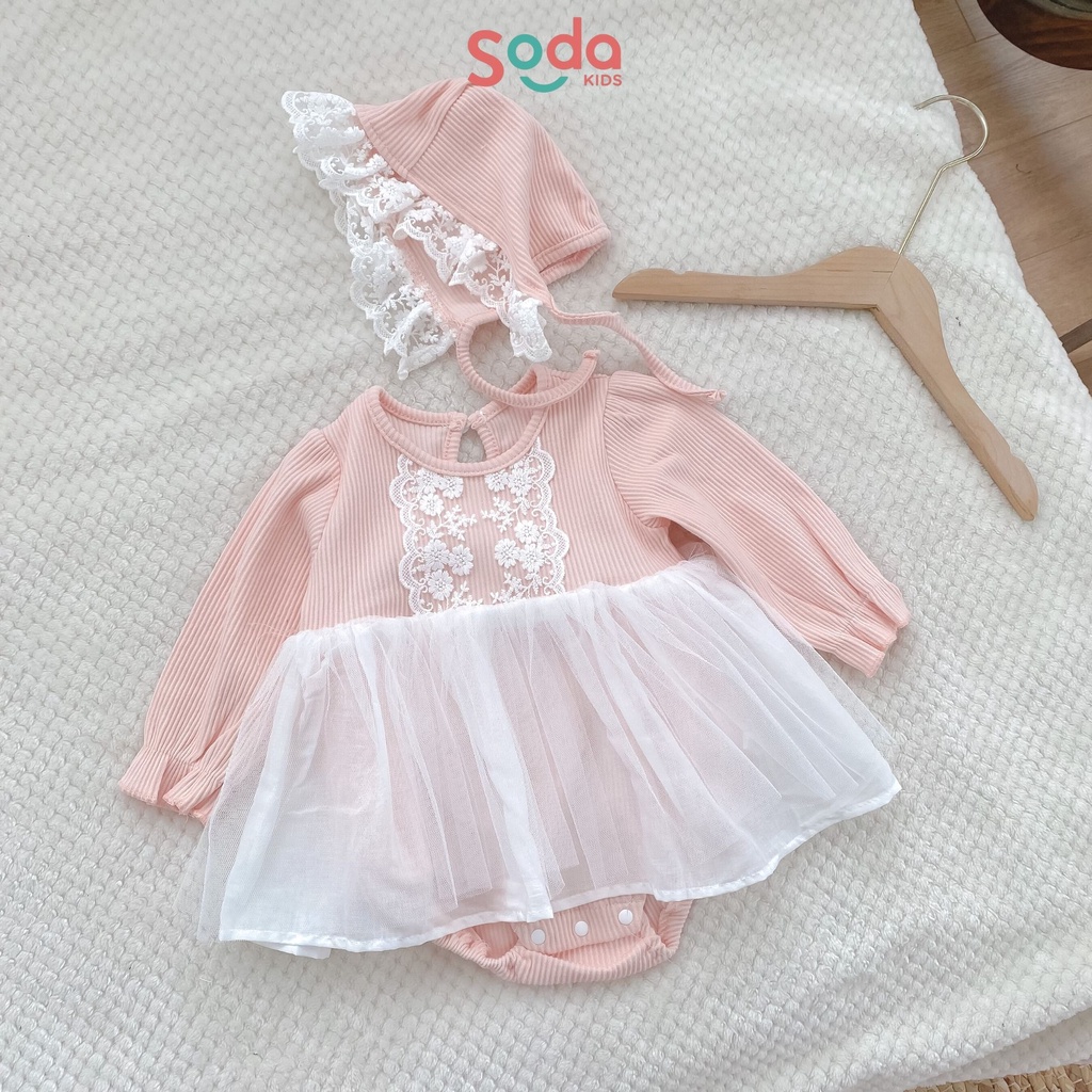 Bộ liền thân phối voan trắng hồng kèm mũ (Ảnh thật)