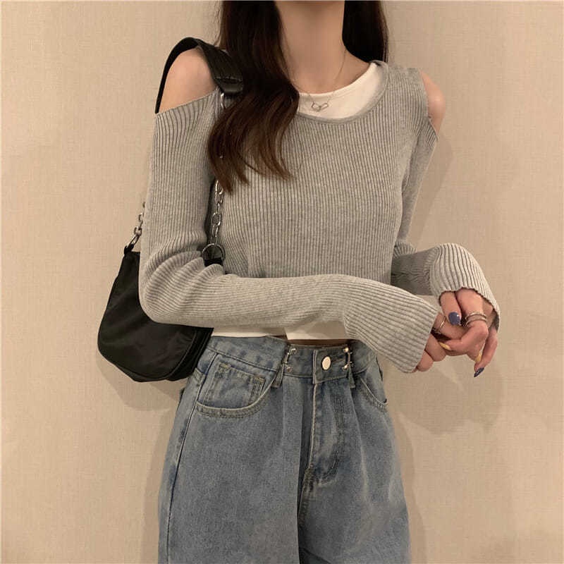 【77】 Áo thun tay dài giả hai lớp phong cách phương tây thời trang xuân thu Hàn Quốc mới cho nữ 2021