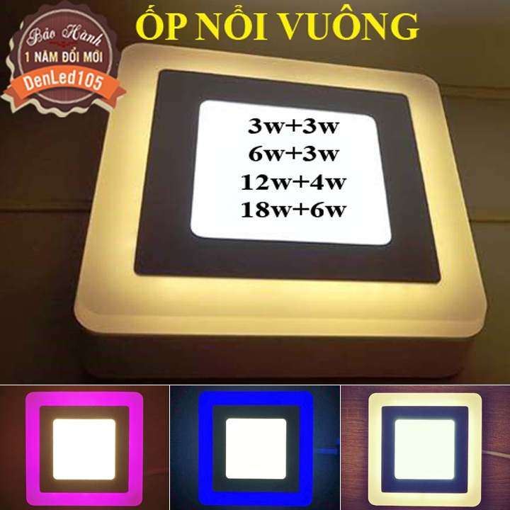 ĐÈN LED ỐP NỔI VUÔNG VIỀN MÀU XANH, HỒNG, VÀNG. CÔNG SUẤT 6W 9W 16W 24W.