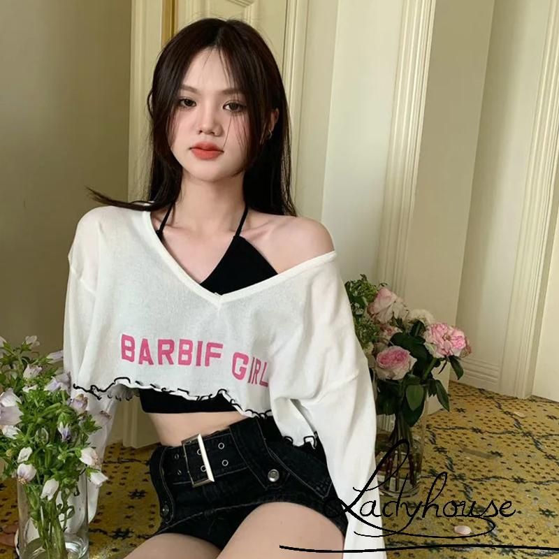 Bộ Trang Phục 2 Mảnh Áo Croptop Tay Dài Cổ Yếm In Chữ Thời Trang Cho Nữ
