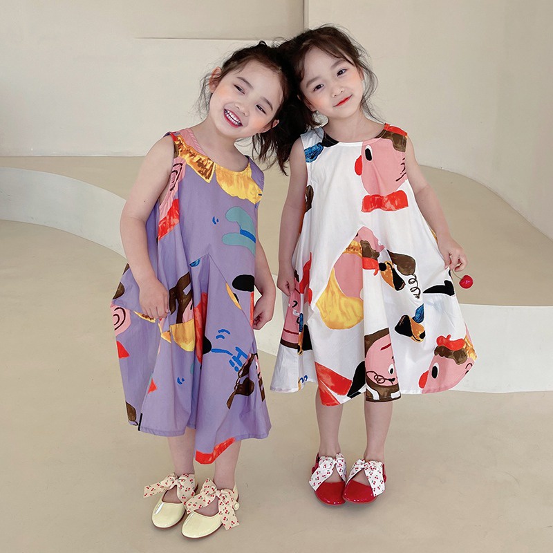 Đầm Công Chúa Sát Nách Cổ Tròn In Họa Tiết Hoạt Hình Kiểu Hàn Quốc Thời Trang Mùa Hè Cho Bé